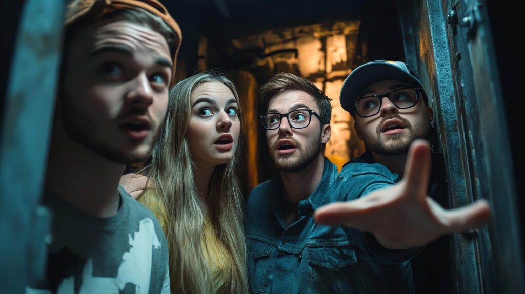 Amigos durante escape room de terror
